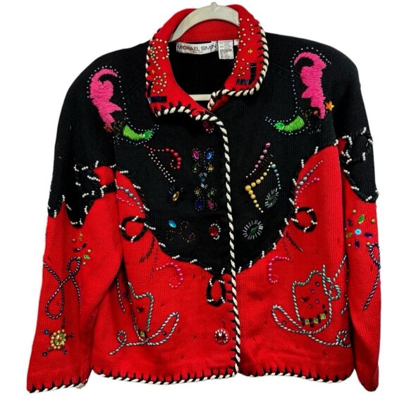 Vtg Michael Simon Cardigan Sweater Sz 2 Cowgirl Chic Red Embellished Ugly Xmas - Picture 1 of 6